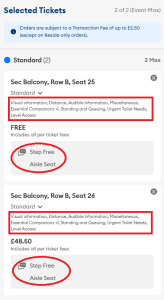 Seat information - how many steps to the seats, aisle seats, restricted views.
